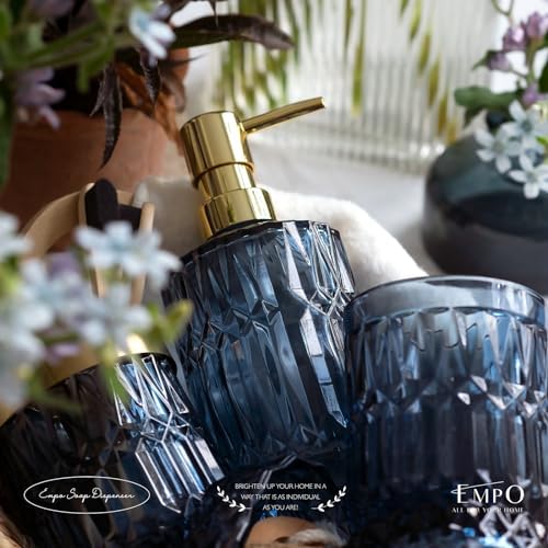 EMPO 6PCS Bathroom Clear Glass Accessories Set (Lotion Soap Dispenser, Soap Dish, Toothbrush Holder, Tumbler, Cotton Swab Jar), Contemporary Modern Decor Crystal Vintage Gift (6pcs Blue) - Image 5