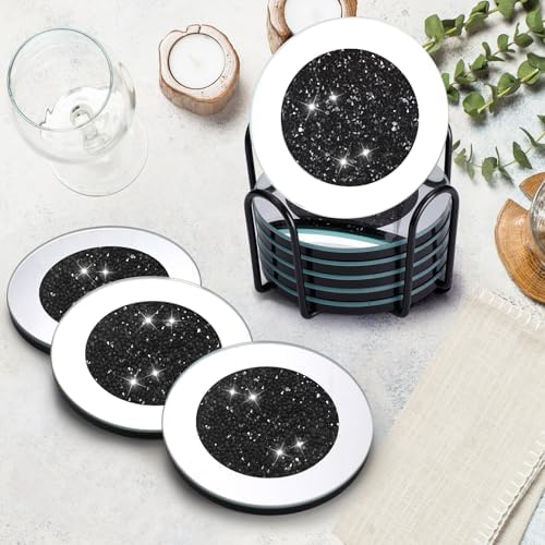 Jetec 6 Pcs Mirrored Glass Coasters with Holder, Bling, Black, 4 Inch - Image 6
