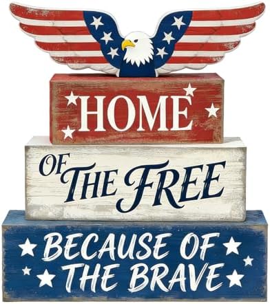 4th of July Table Decorations Patriotic Memorial Day Tiered Tray Decor Wooden Eagle Block Signs Independence Farmhouse 250th July Fouth Centerpiece for Tables Wooden Sign for Home Decor by Unknown