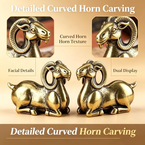 2-Pack Mini Solid Brass Goat Figurines, Vintage Kneeling Ram Statue Set, Small Metal Animal Sculpture Ornament for Tabletop Shelf Tea Room Decor, Collectible Gift (1.2" H × 1.6" L Each) - Image 3