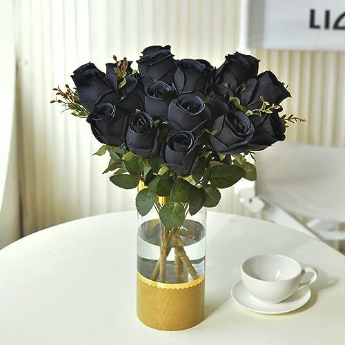 Artificial Rose Flowers 12 Heads 2 Bundles Silk Rose Bouquets, black - Image 4