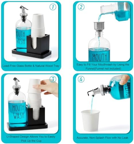 Glass Mouthwash Dispenser for Bathroom, 16 OZ Mouthwash Dispenser with Pour Spout and Wood Cup Holder and Tray, Mouth Wash Bottle Container, Black Kitchen Bathroom Decor and Accessories - Image 5