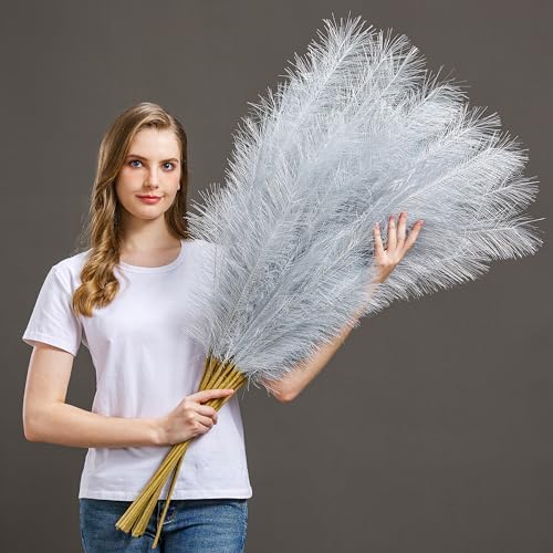 7 Pcs Faux Pampas Grass-45 Inches/3.75ft Large Boho Decor Fluffy Artificial Pompas Grass Décor Tall Vase Filler for Home Wedding Decoration (Silver, 7) by AuroraPrime