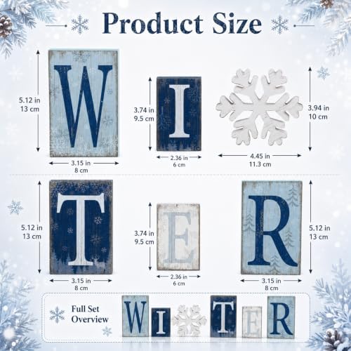 Threehoney 6 Piece Winter Wood Block Decor, Blue and White Winter Letter Sign with Snowflake, Rustic Wooden Tabletop Decorations for Shelf Mantel Tiered Tray Home Decor - Image 3