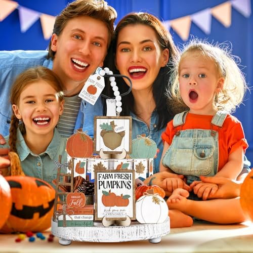 Reallnaive 18 Pcs Fall Tiered Tray Decor Set Classic Wood Signs - Image 6