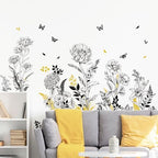 Black Yellow Flower Wall Decals, 3 Sheets Sketch Garden Floral Wall Stickers Simple Line Wildflower Grass Butterflies Art Decor Bedroom Bathroom Hallway Sofa Gifts for Mom(11.8x35.4 in/Sheet) by Supzone