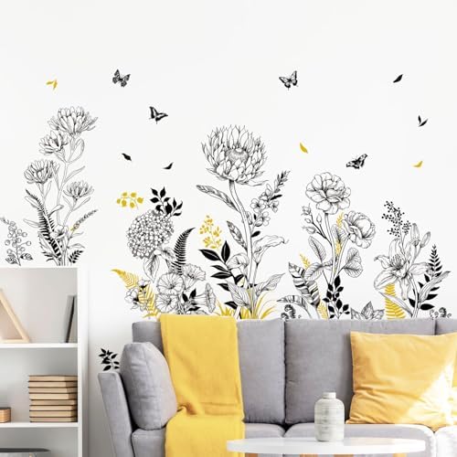 Black Yellow Flower Wall Decals, 3 Sheets Sketch Garden Floral Wall Stickers Simple Line Wildflower Grass Butterflies Art Decor Bedroom Bathroom Hallway Sofa Gifts for Mom(11.8x35.4 in/Sheet) by Supzone