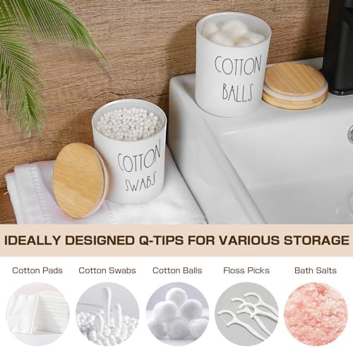 White Bathroom Accessories, 5 Pcs Glass Bathroom Accessory Set with Bamboo Tray, Soap Dispenser and Toothbrush Holder Set, Qtip and Cotton Ball Holder, Farmhouse Boho Bathroom Set Complete - Image 4