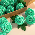 Artificial Flower Foam Rose 25pcs Real Looking Fake Rose with Stems Leaves for Home Decoration Party Garden Centerpieces DIY Wedding Bouquets（Tiffany） - Image 7