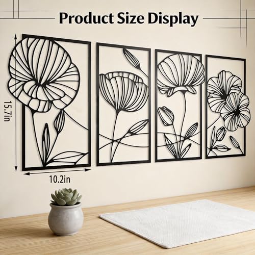 Set of 4 Black Metal Lotus Wall Art, Minimalist Abstract Line Art Hanging Decor for Living Room Bedroom Kitchen Office, Fall Halloween Thanksgiving Christmas Birthday Housewarming Gift for Women - Image 2