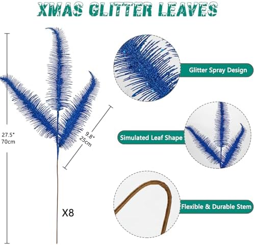 Oairse 8 Pcs Christmas Tree Picks and Sprays Navy Blue Glitter Christmas Picks 28" Christmas Glitter Feathers Leaves Stems for Christmas Tree Filler Branches Wreaths Centerpieces Holiday Decorations - Image 5