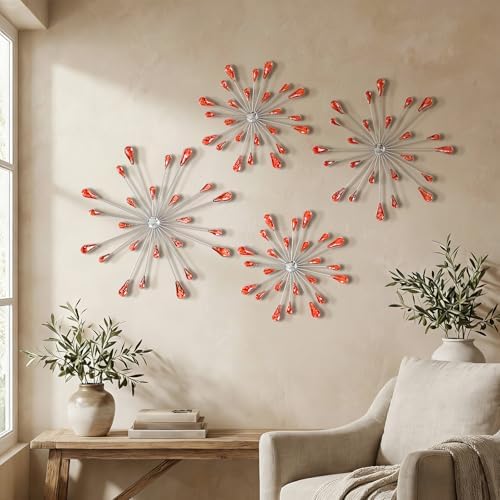 ZEXUIRU 4 Set Silver Starburst Wall Art for Home Decor Metal Bling Crystal Rhinestones Sunburst Wall Decor Sparkling Rhinestone Art Accent -Red 13in/11.8in/9.8in/9.8in by ZEXUIRU