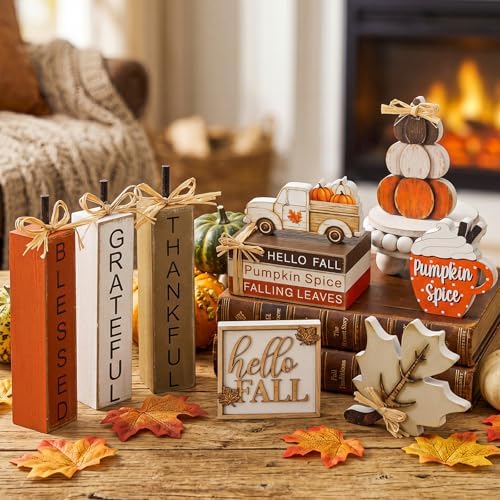 11 Pcs Fall Table Decorations Autumn Pumpkin Wooden Decorative Set Featuring Blessings Gratitude and Appreciation Sign for Thanksgiving Various Occasions Family Dining Kitchens Offices - Image 6