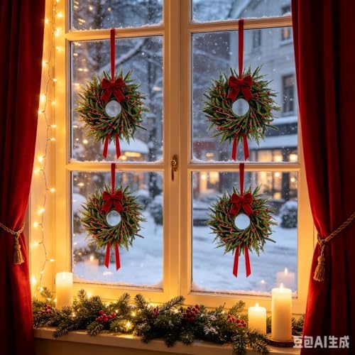 4 Pcs Mini Christmas Wreaths for Cabinets 9" Christmas Kitchen Cabinet Small Wreaths with Green Norfolk Pine Needle Red Berry for Indoor Outdoor Farmhouse Home Wall Window Festival Wedding Decor - Image 3