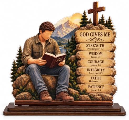 Christian Gifts for Men, Religious Gifts for Men, God Gives Me Bible Verse Wood Acrylic Plaque, Inspirational Faith Desk Decor for Husband Pastor Church Friend Coworker by KATINAT