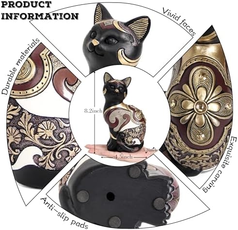 Black Cat Statue Home Decor Accent Boho Cat Figurines and Sculptures for Living Room Bedroom Shelf Office Table, Cats Art Decoration Vintage Matt Animals Gift for Cats Lovers, Woman Mom - Image 2