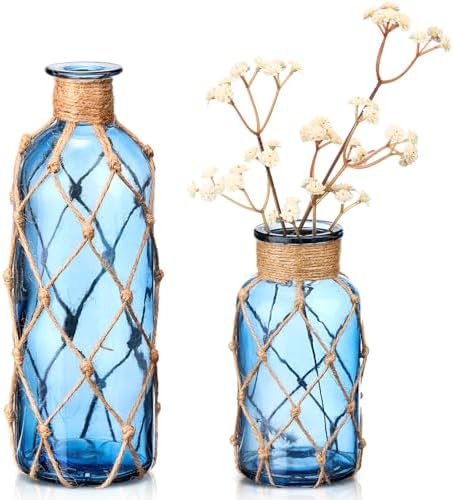 Chuangdi Set of 2 Coastal Glass Flower Vase with Boho Rope, Navy Blue by Chuangdi