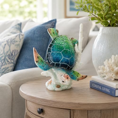 Sea Turtle Diving Figurine with Coral Reef Base - Ocean Inspired Coastal, Beach & Nautical Home Decor - Tabletop Nautical Room Accents (12"x10"x 8") - Image 2
