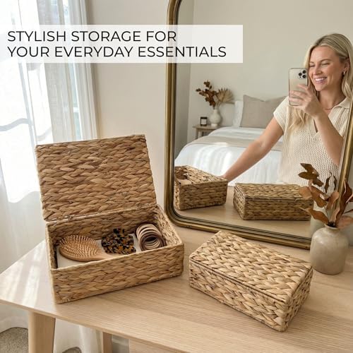 Decorative Storage Boxes with Lids - Set of 2 Wicker Organizer Shelf Bins - Image 6