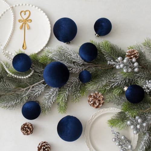 Velvet Christmas Ball Ornaments - 30pcs Flocked Christmas Ornaments Set Shatterproof Classic Hanging Xmas Tree Decorations with Rope for Wreath Holiday Home Decor (Blue) - Image 3