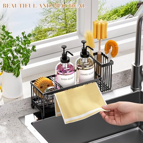 Kitchen Soap Dispenser Set with Sponge Holder and Towel Rack, 17OZ Glass Bottle, Hand and Dish Soap Dispenser Set, Non-Slip Silicone Pad, Brush Holder, Sink Organizer Countertop (Transparent) - Image 3