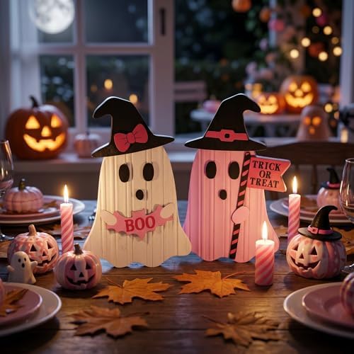 Valery Madelyn Pink Halloween Decor, Set of 2 Cute Halloween Ghost Decor, Witch Hat Boo & Trick or Treat Wooden Tabletop Signs for Home, Shelf, Tiered Tray Party Display, 5 Inch - Image 4
