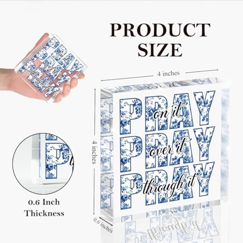 Blue Room Decor, Inspirational Christian Gifts for Women, Blue Floral Chinoiserie Dorm Bathroom Room Decoration, Office Decor for Women, Acrylic Office Desk Accessories Wall Art Sign-Pray through it - Image 2