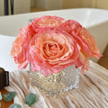 Silk Roses in Glass Vase with LED, Low Centerpiece for Table, Coral Pink by YSZL