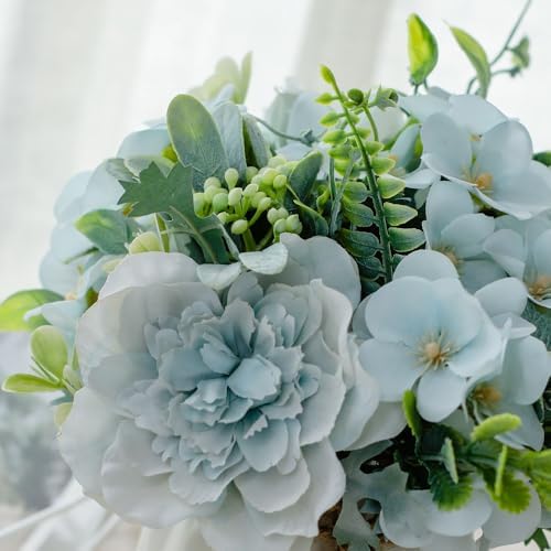 TKAS Fake Flowers Arrangement in Ceramic Vase, Artificial Faux Silk Roses & Hydrangea, Small Realistic Dried-Style Floral Dining Table Centerpiece for Wedding Party Home Decoration (Blue) - Image 2