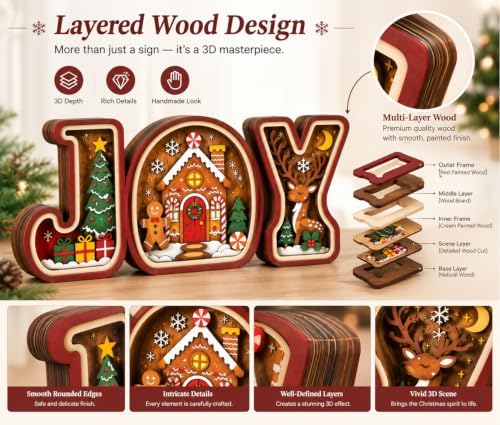 Gingerbread Christmas Decorations, 3D Wooden JOY Sign with Christmas Tree and Reindeer, Vintage Merry Christmas Tiered Tray Decor for Office Desk Party Kitchen, Tabletop, Shelf and Farmhouse Mantel (Gingerbread Christmas Decorations) - Image 5
