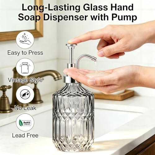 Amolliar 12 Oz Glass Soap Dispenser with Plastic Pump,Dark Grey,1 Pack - Image 3