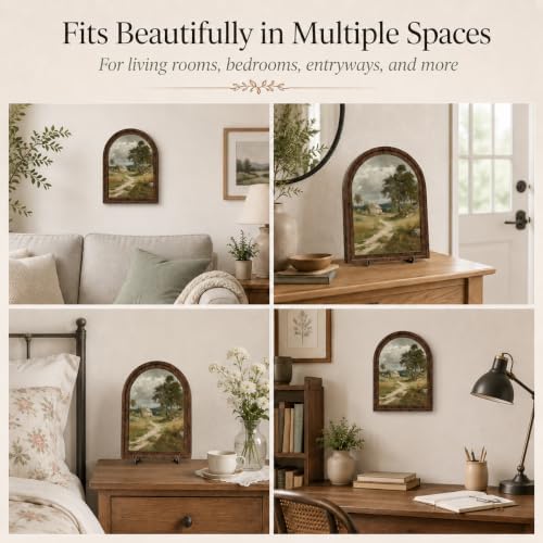 Tabletop Wood Decor Rustic Landscape Sign, Arched Wooden Frame Farmhouse Artwork for Shelf or Desk Display, Vintage Countryside Pictures for Living Room Bathroom Table or Wall Decor - Image 3