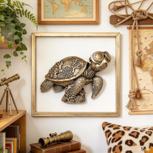 Newinhome Animal Heads Wall Decor (Includes Metal Frame) Resin sea turtle Sculptures Wall Hanging Decoration Gold vintage Wall Sculpture for Living Room Bedroom Office(Turtle) - Image 2