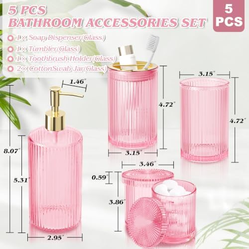 Pink Glass Bathroom Accessories Set 5 Piece, Vintage Ribbed Soap Dispenser, Toothbrush Holder, Tumbler, Qtip Jars, Cute Aesthetic Vanity Organizer for Home, Restroom Countertop Decor - Image 6