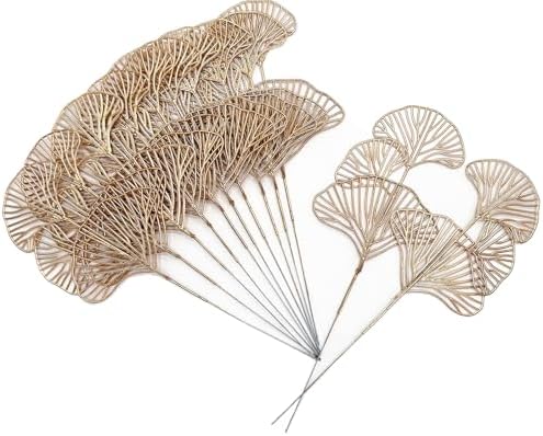 Golden Ginkgo Leaves Stems Christmas Decoration, Artificial Plants Fake Plastic Simulation Apricot Leaf Grass for Wedding Party Indoor Home Office DIY Crafts Flowers Bouquet Xmas Gold Decor - 12 Pack by CATTREE