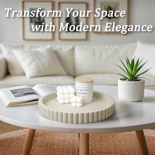 Round Decorative Tray for Coffee Table Decor, Circle Tray Decor 11" Beige - Image 2