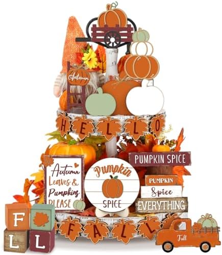 Maitys 21pcs Fall Tiered Tray Decor Set, Hello Fall Thanksgiving Pumpkin Wooden Signs Gnome Truck Wood Maple Leaf Garland Rustic Farmhouse Table Centerpieces for Autumn Thanksgiving Kitchen Home Decor by Maitys