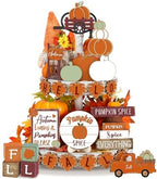Maitys 21pcs Fall Tiered Tray Decor Set, Hello Fall Thanksgiving Pumpkin Wooden Signs Gnome Truck Wood Maple Leaf Garland Rustic Farmhouse Table Centerpieces for Autumn Thanksgiving Kitchen Home Decor by Maitys