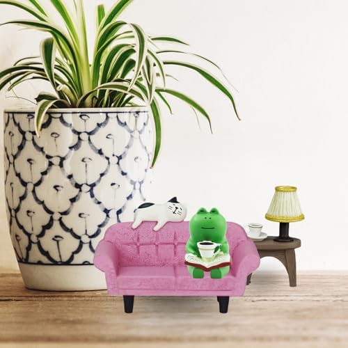 Mevodeata Cute Mini Frog Figurine with Small Sofa and Lamp Table Resin Figure for Office Home Decor for Frog Lovers (Pink Sofa) - Image 6