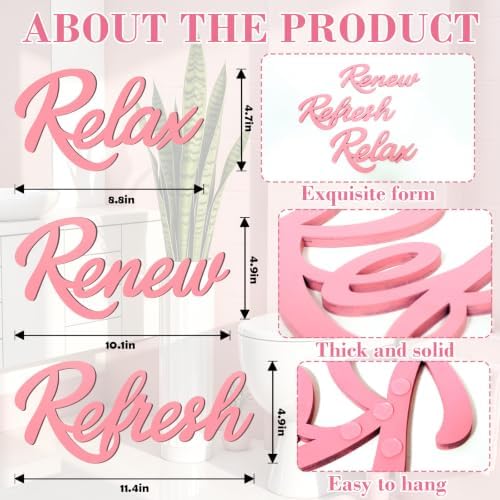 3 Pieces Bathroom Wall Decor Wooden Relax Renew Refresh Sign (Pink) - Image 3
