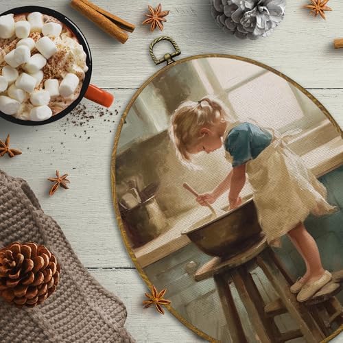 CUANFDDSF Vintage Rustic Kitchen Oval Wall Art Decor, Rustic Farmhouse Wall Hanging Decor, Cozy Cottagecore French Kitchen Little Girl Cooking Framed Canvas Prints for Dining Room Home, 8.6x11.4 Inch - Image 6