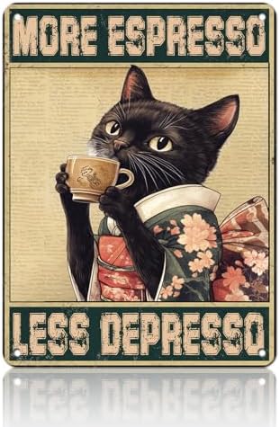 Coffee Cat Metal Posters More Espresso Less Depresso Metal Tin Sign Kimono Cat Bar Pub Sign Poster Home Decor Garage Bar Restaurant Kitchen Cafe Poster 12x16 Inch by KIYOYOHomeIsOurHappyPlace