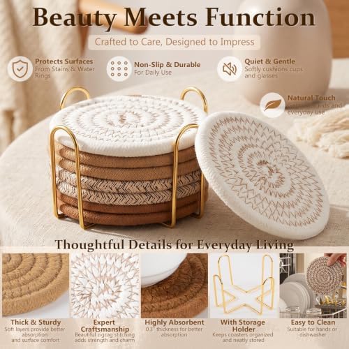 OIAHOMY 8 Pcs Coasters with Holder for Beer, Coffee, Woven Cotton Coaster Set for Table Decor for Kitchen, Bar, Dining Room, Living Room, Housewarming Gifts - Yellow - Image 6