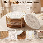 OIAHOMY 8 Pcs Coasters with Holder for Beer, Coffee, Woven Cotton Coaster Set for Table Decor for Kitchen, Bar, Dining Room, Living Room, Housewarming Gifts - Yellow - Image 6