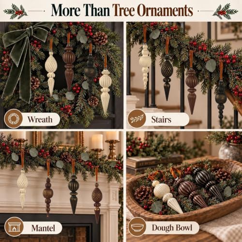 Vintage Christmas Ornaments, Rustic Finial Hanging Decor for Tree, 12pcs - Image 6