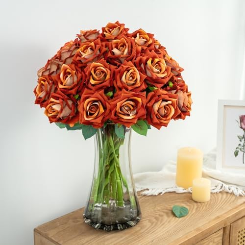 Ttranewsoo 24PCS Orange Fall Artificial Flowers, Fake Roses with Stems for Autumn Floral Arrangements, Thanksgiving Centerpieces, Harvest Table & Home Decor, 16.5 Inch - Image 3