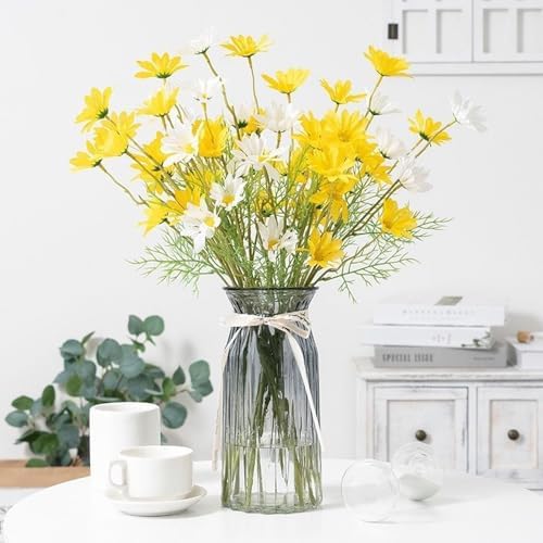 Artificial Daisy Flowers 12Pcs Artificial Flowers Silk Daisies with Stems Real Look for Home Wedding Garden Vase Decor (White+Yellow) - Image 7