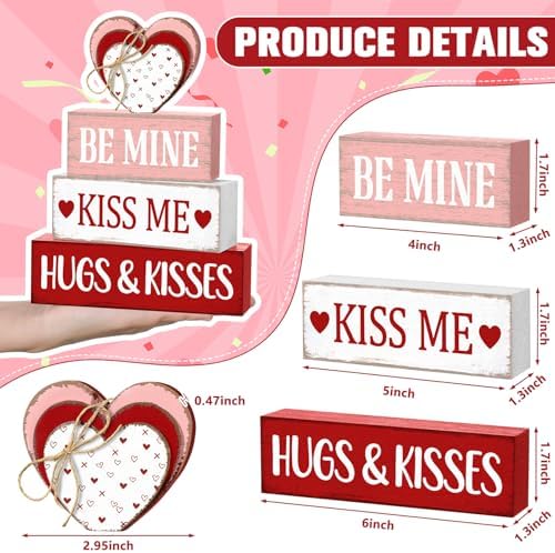 Marsui 4 Pcs Valentine's Day Decorations for Home Heart Table Decor Rustic Distressed Wooden Signs Valentines Centerpieces Blocks Farmhouse Valentines Tiered Tray Decor for Desk Shelf Mantel Indoor - Image 3