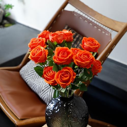 12 Pcs Artificial Rose Flowers, Silk Roses with Long Stems, Realistic Fake Roses for Wedding Centerpiece Party Home and Office DIY Decor, Orange - Image 6