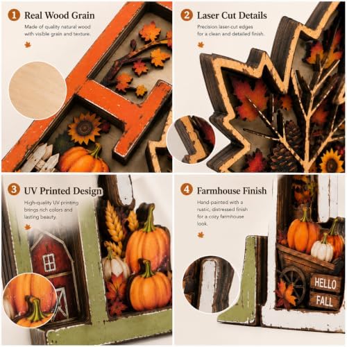Fall Decorations for Home 2026, 3D Wooden Fall Decor with Harvest Autumn Sign Leaf Pumpkin Scene, Rustic Thanksgiving Tabletop Decor, Vintage Farmhouse Shelf Mantel (Fall Decorations) - Image 4